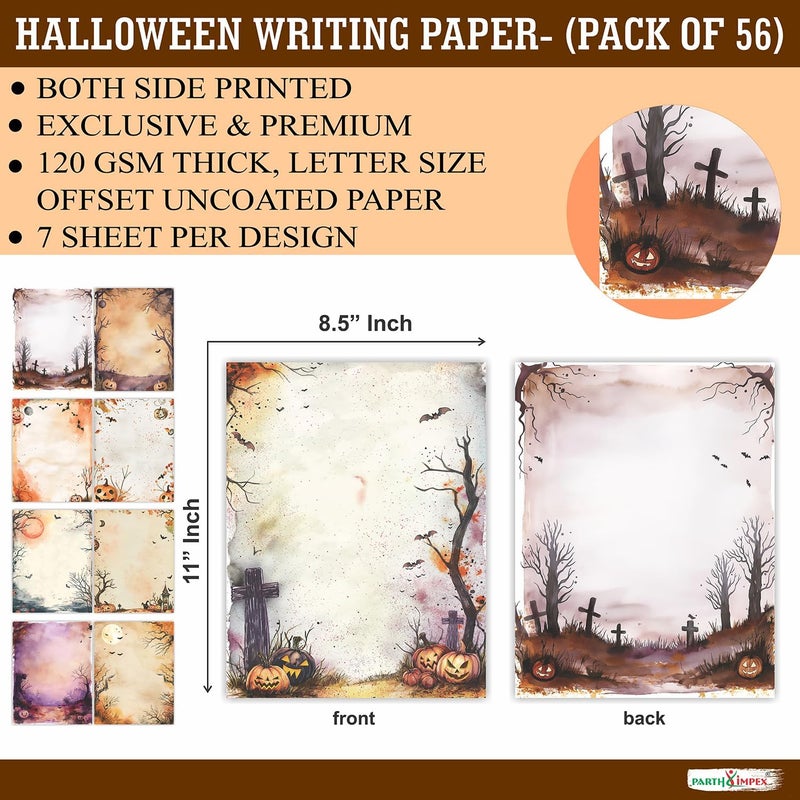 PARTH IMPEX 56 Sheets Halloween Writing Paper 8.5x11 - Letter Size Stationery Rustic Old Looking Letterhead Printer Paper - 120gsm Thick Decorative Double-sided Design - Image 2